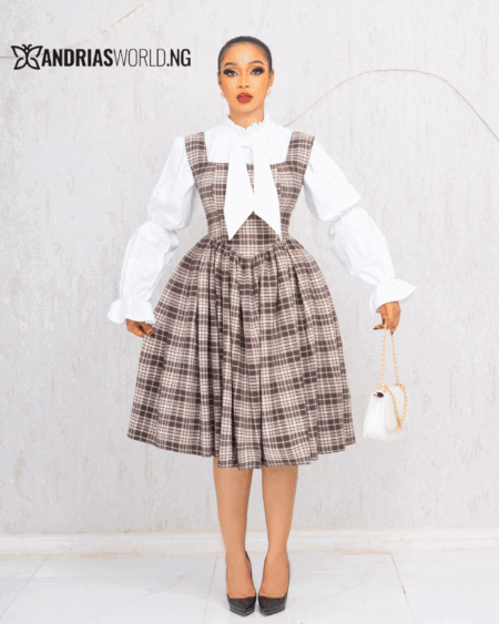 PINAFORE TWEED DRESS WITH WHITE RUFFLE SHIRT